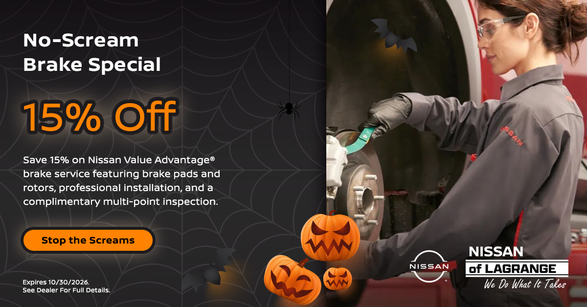 No-Scream Brake Special, 15% Off Nissan Value Advantage Brake Service at Nissan of LaGrange